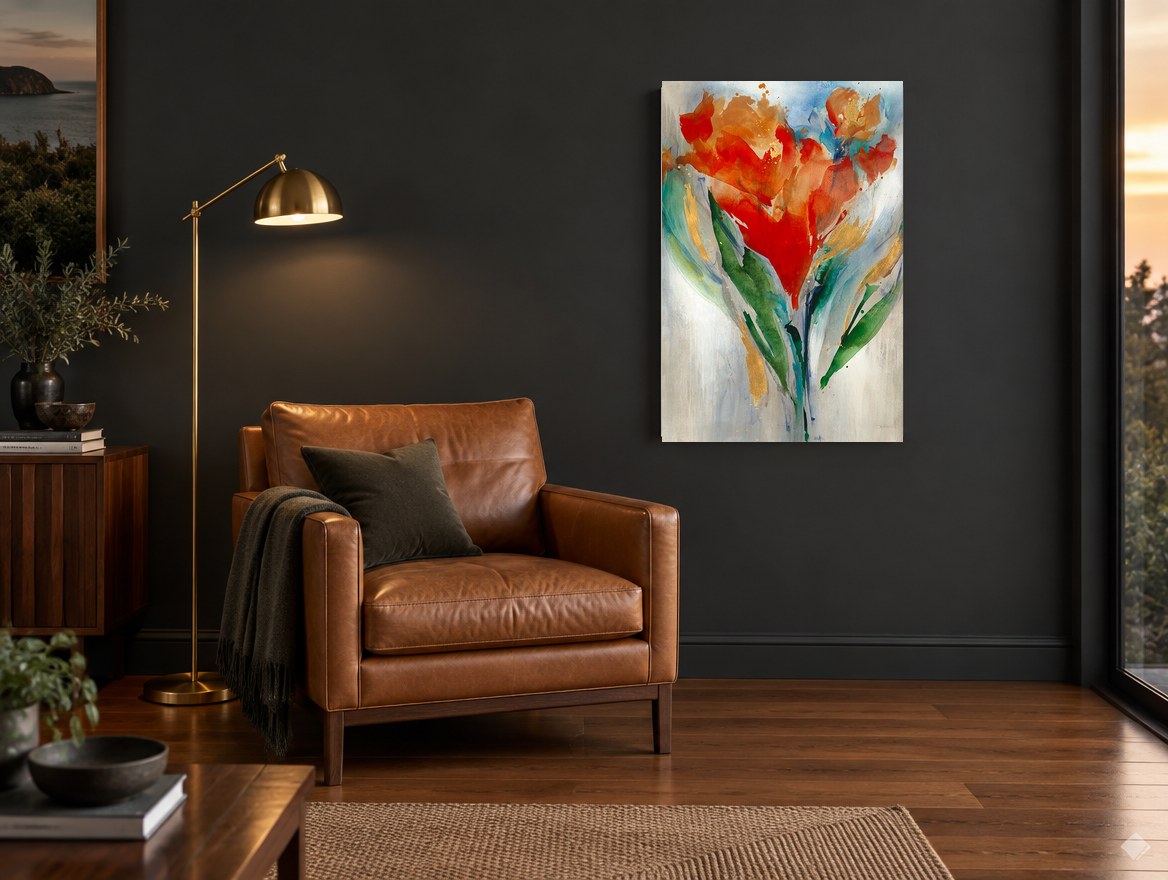 Scarlet Gold Bouquet floral canvas print on the wall of a charcoal living room