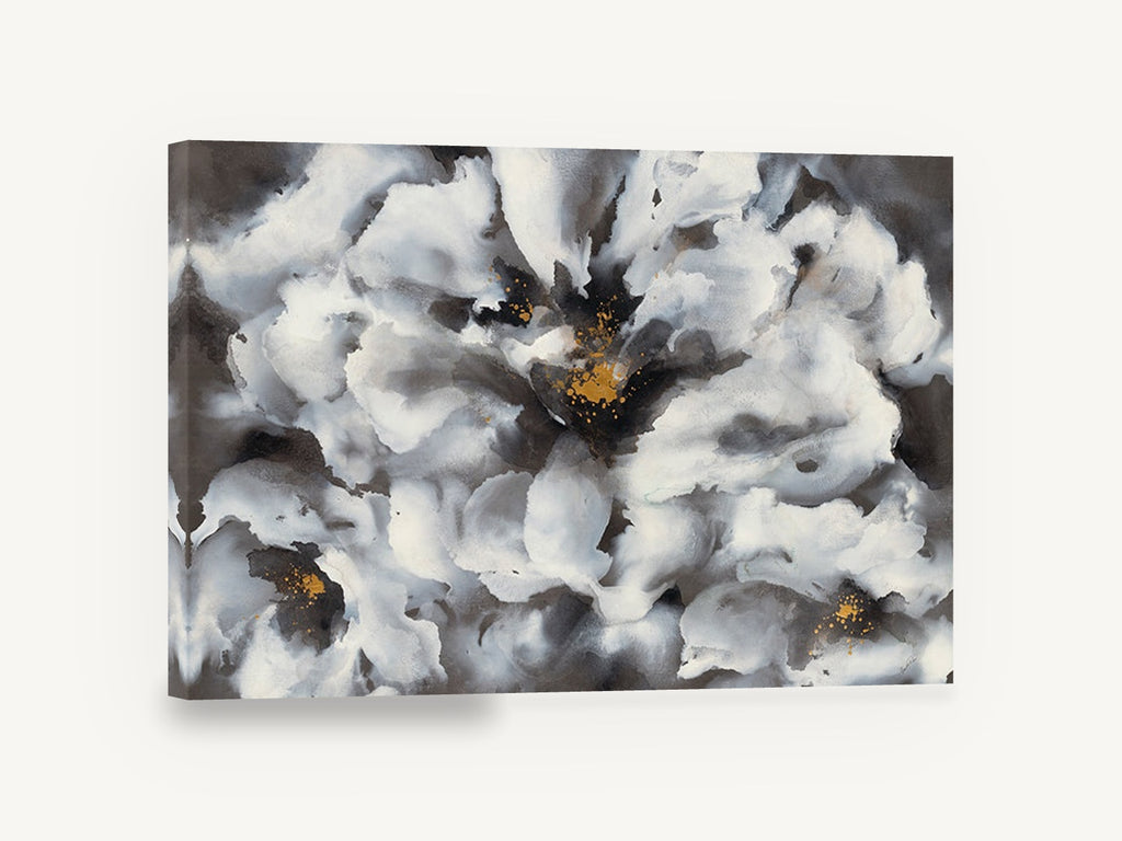 Ash Bloom Gold Centre, white peony abstract floral gold, floral canvas wall art print ready to hang