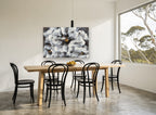 Ash Bloom Gold Centre floral canvas print on the wall of a dining room