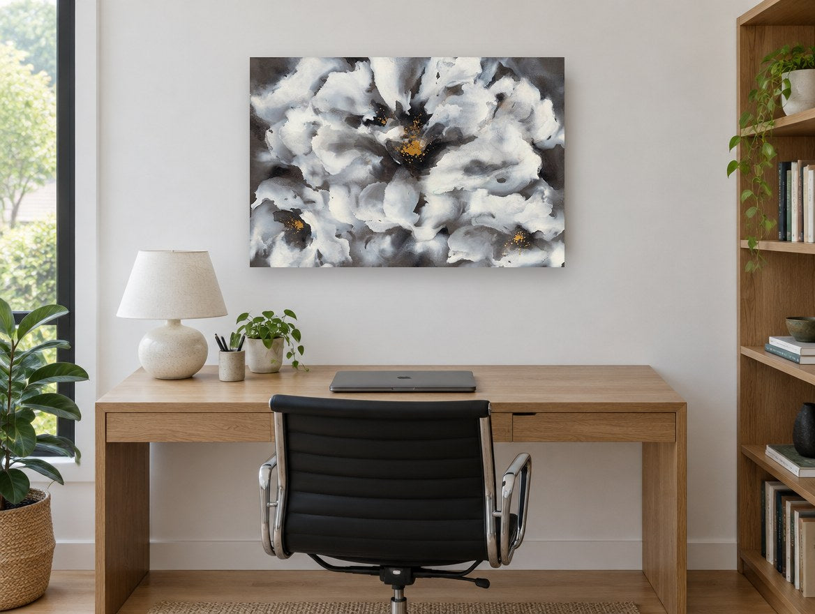 Ash Bloom Gold Centre floral canvas print on the wall of a study