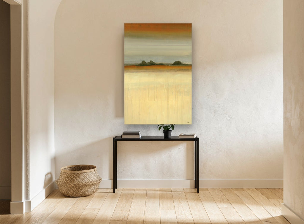 Amber Horizon Meadow landscape canvas print on the wall of a hallway