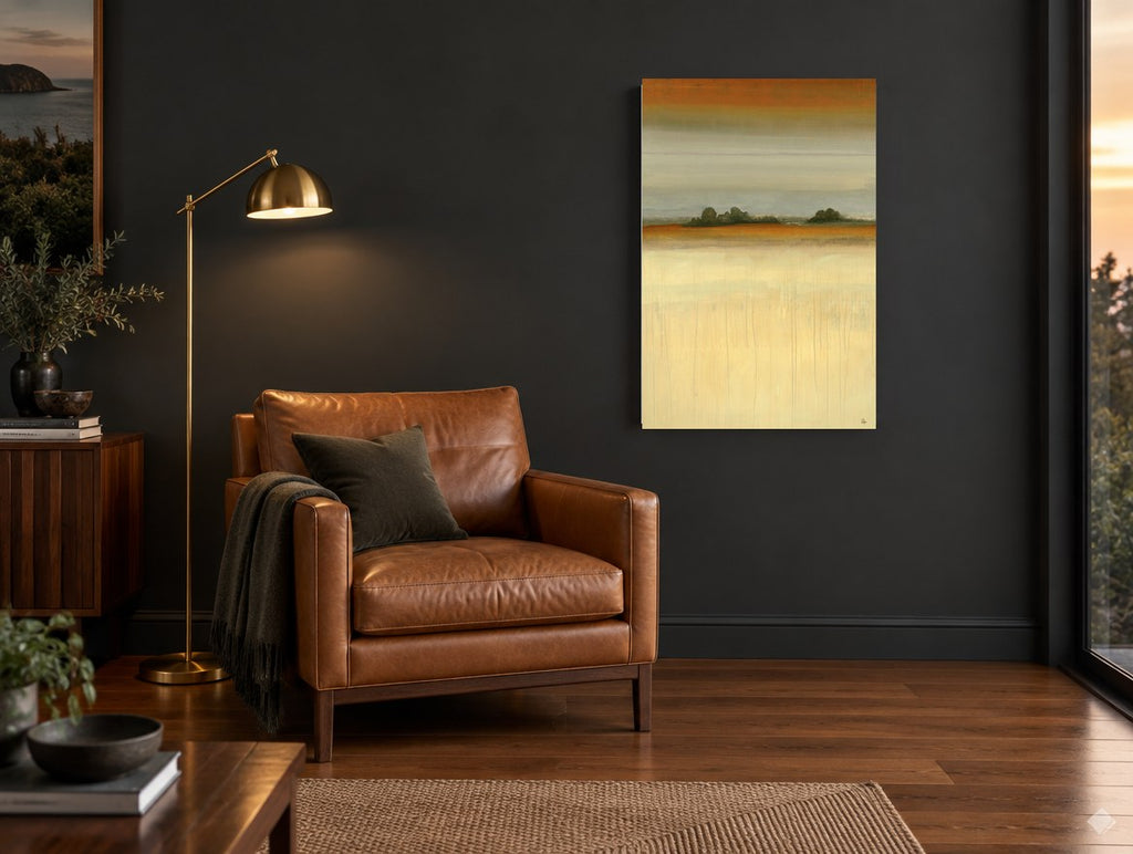 Amber Horizon Meadow landscape canvas print on the wall of a charcoal living room