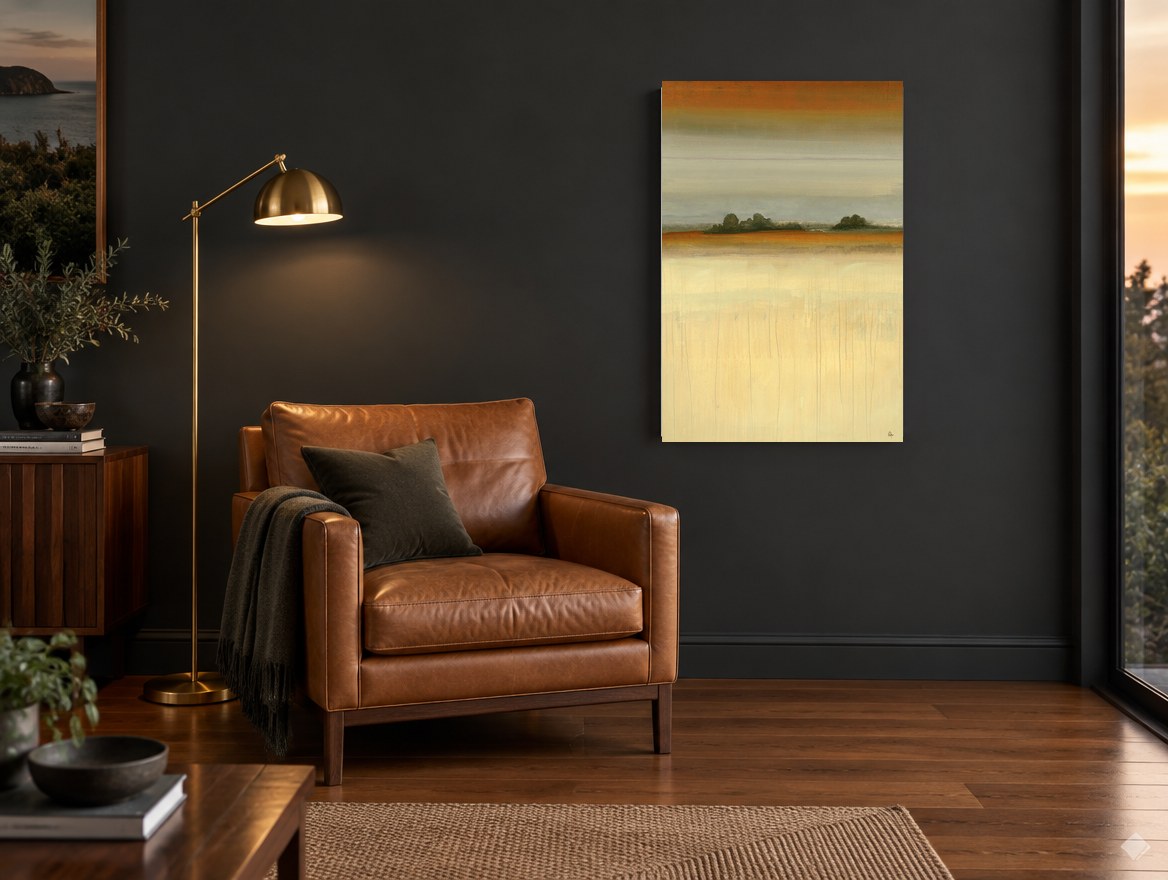 Amber Horizon Meadow landscape canvas print on the wall of a charcoal living room