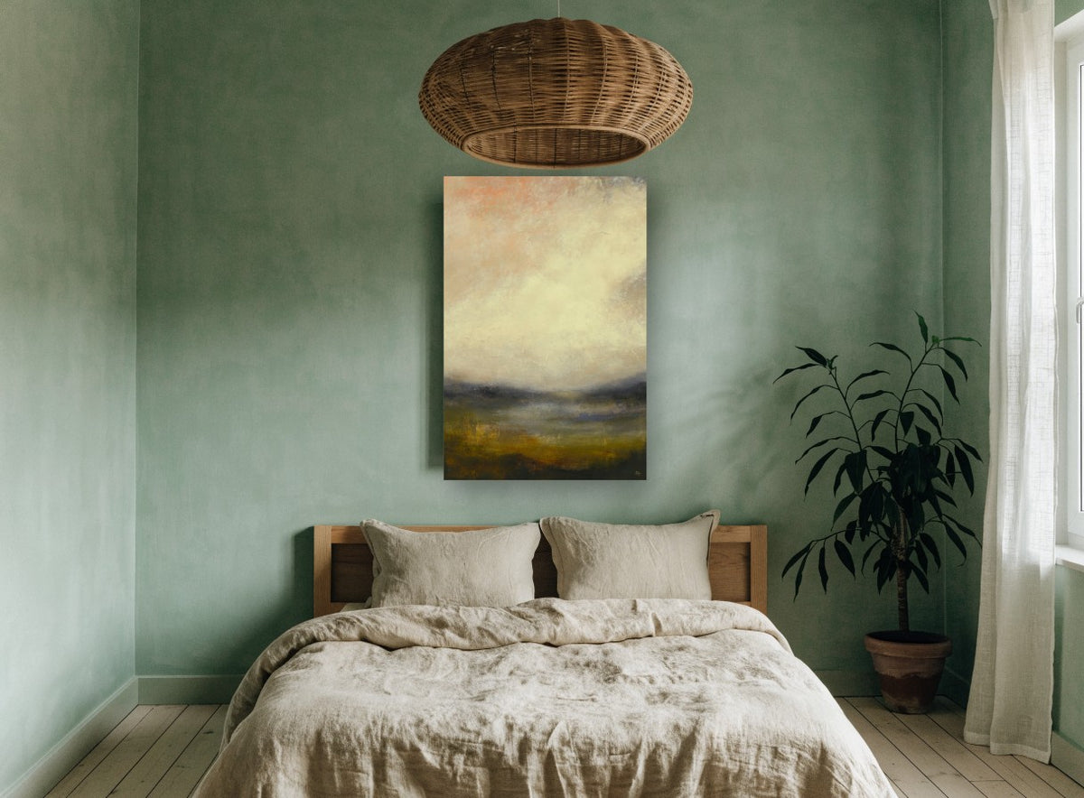 Hazy Amber Valley landscape canvas print on the wall of a bedroom