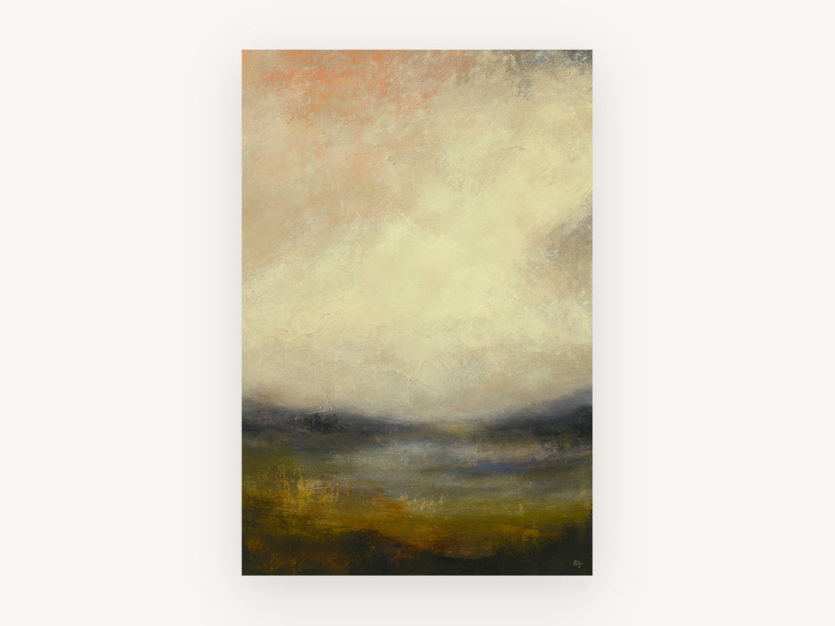 Hazy Amber Valley, abstract misty valley landscape painting, landscape canvas wall art print, front view