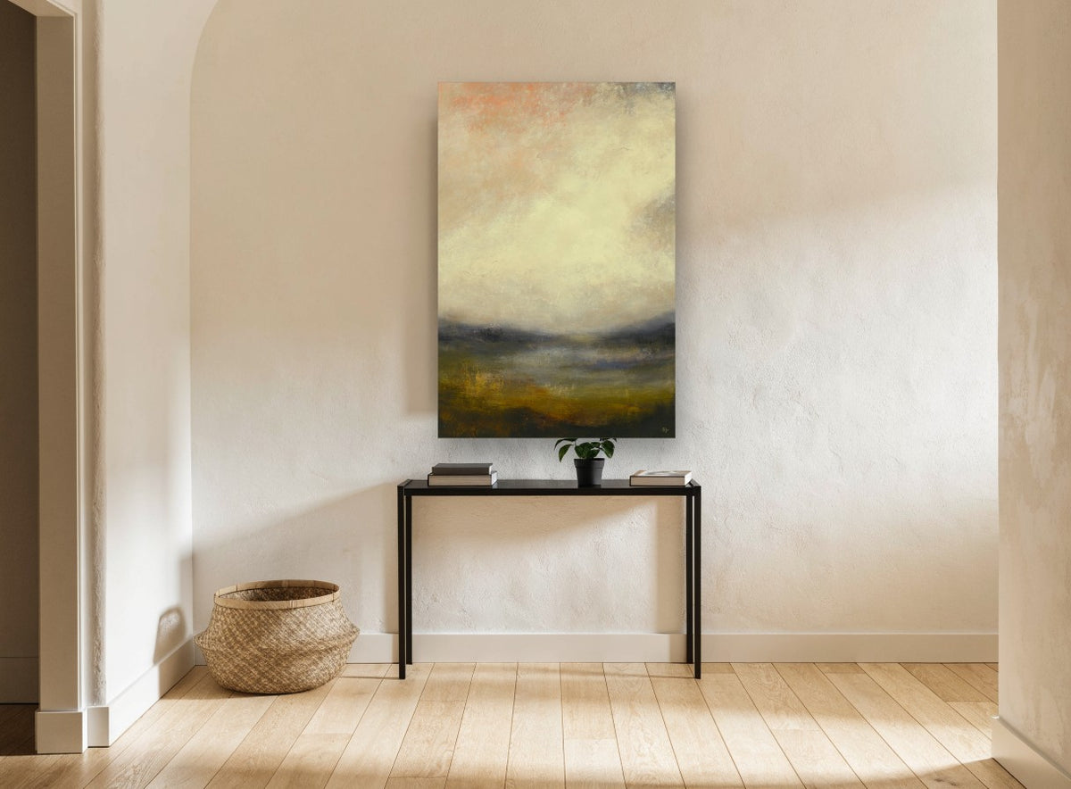 Hazy Amber Valley landscape canvas print on the wall of a hallway