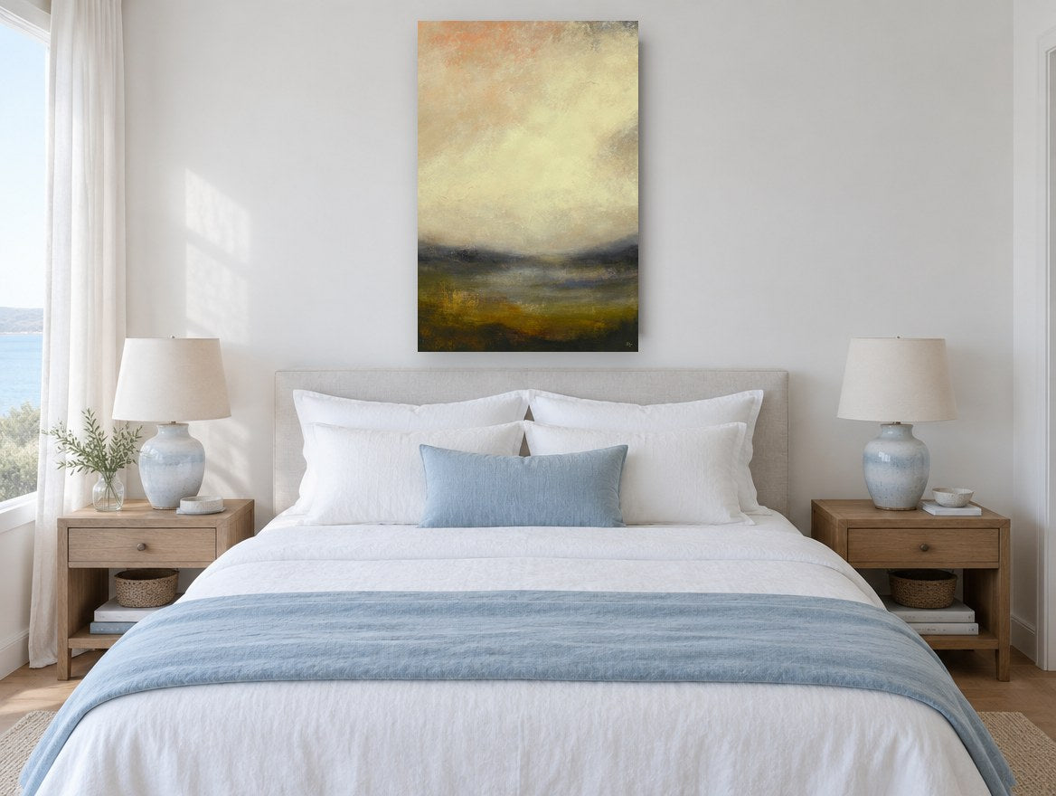 Hazy Amber Valley landscape canvas print on the wall of a bedroom