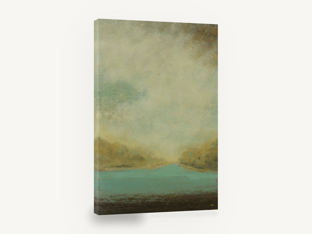 Teal Valley Haze, muted teal lake abstract landscape, landscape canvas wall art print ready to hang