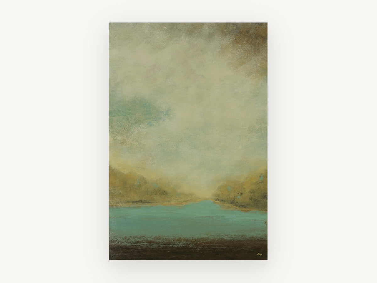 Teal Valley Haze, muted teal lake abstract landscape, landscape canvas wall art print, front view
