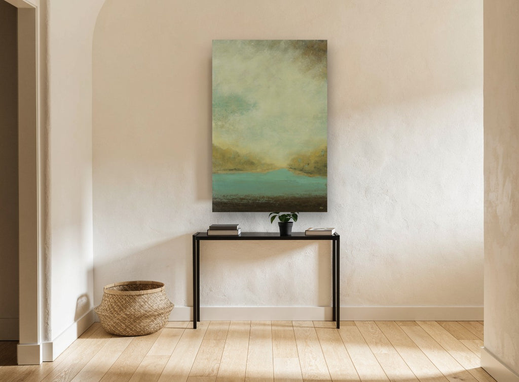 Teal Valley Haze landscape canvas print on the wall of a hallway