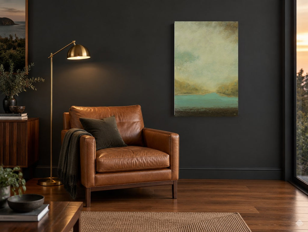 Teal Valley Haze landscape canvas print on the wall of a charcoal living room
