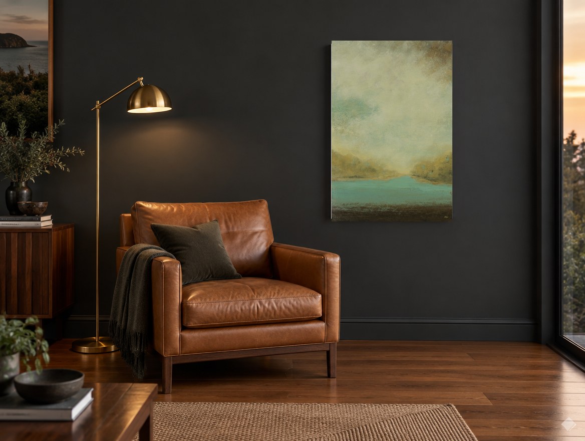 Teal Valley Haze landscape canvas print on the wall of a charcoal living room