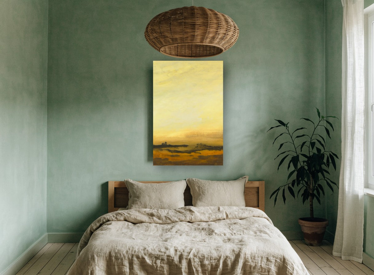 Amber Horizon Haze landscape canvas print on the wall of a bedroom