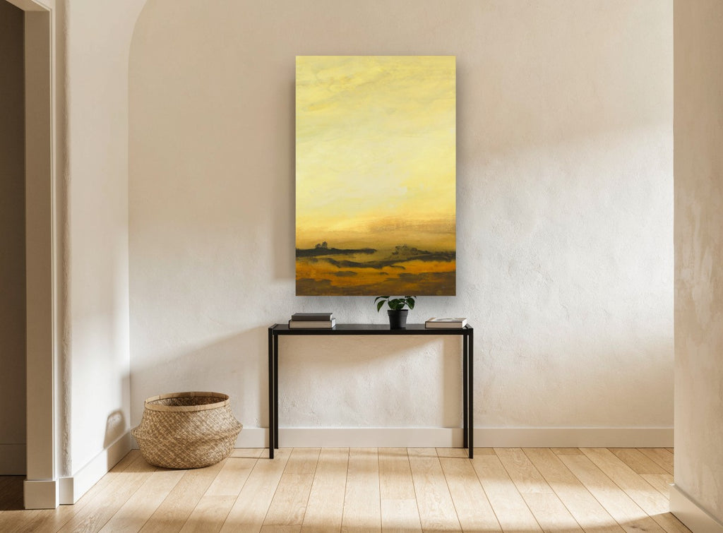 Amber Horizon Haze landscape canvas print on the wall of a hallway