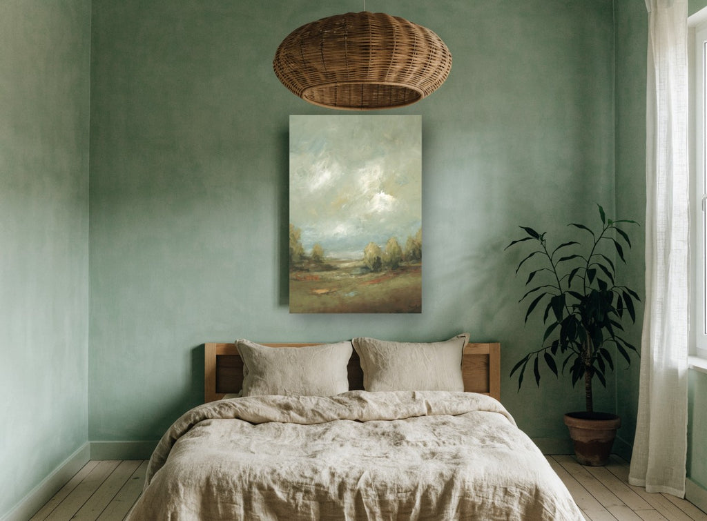 Clearing Over the Meadow landscape canvas print on the wall of a bedroom