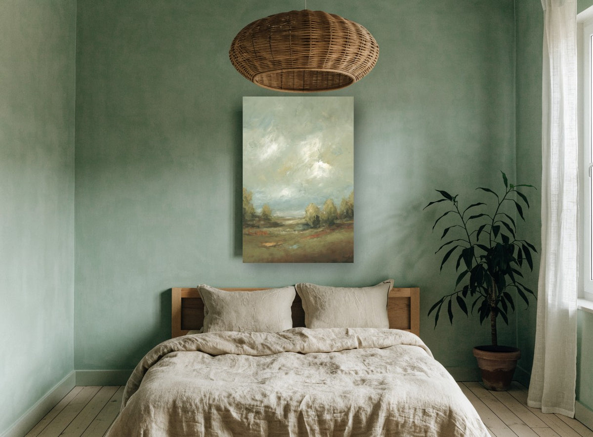 Clearing Over the Meadow landscape canvas print on the wall of a bedroom