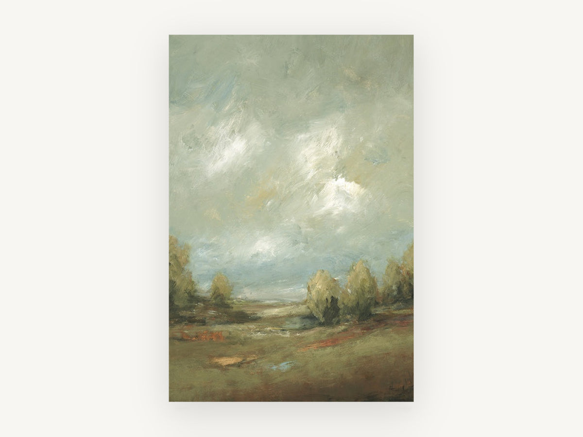 Clearing Over the Meadow, cloudy sky meadow landscape painting, landscape canvas wall art print, front view