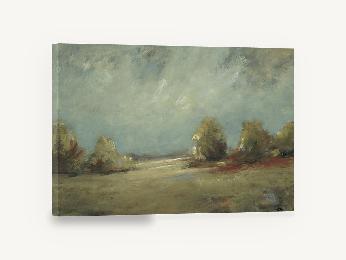 Open Meadow Haze, hazy meadow trees landscape painting, landscape canvas wall art print ready to hang