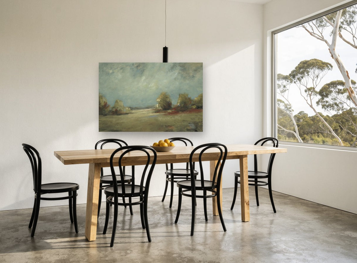 Open Meadow Haze landscape canvas print on the wall of a dining room