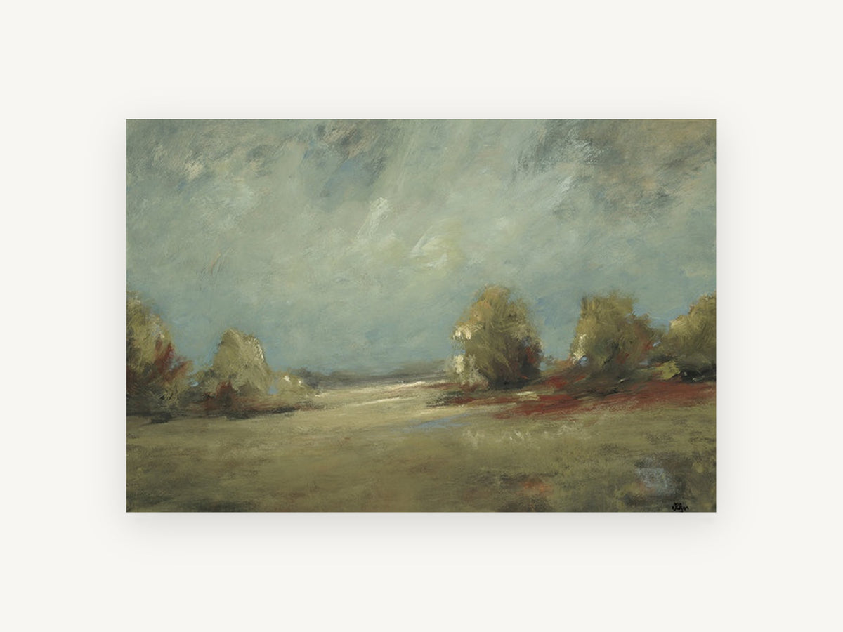 Open Meadow Haze, hazy meadow trees landscape painting, landscape canvas wall art print, front view