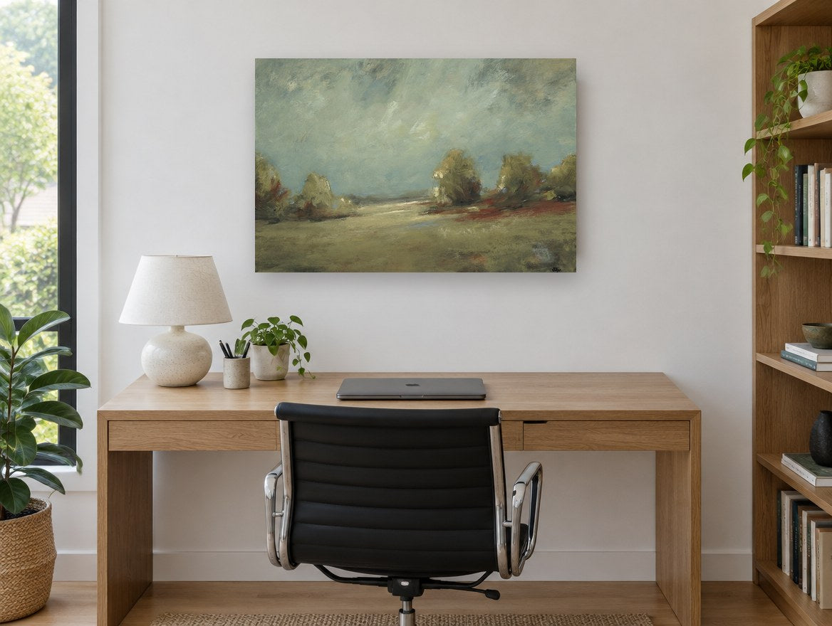Open Meadow Haze landscape canvas print on the wall of a study