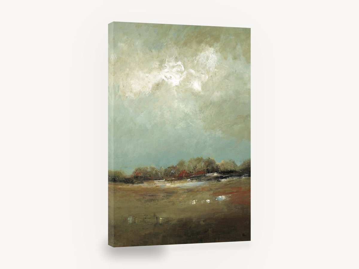Rust Meadow Sky, abstract meadow landscape under cloudy sky, landscape canvas wall art print ready to hang