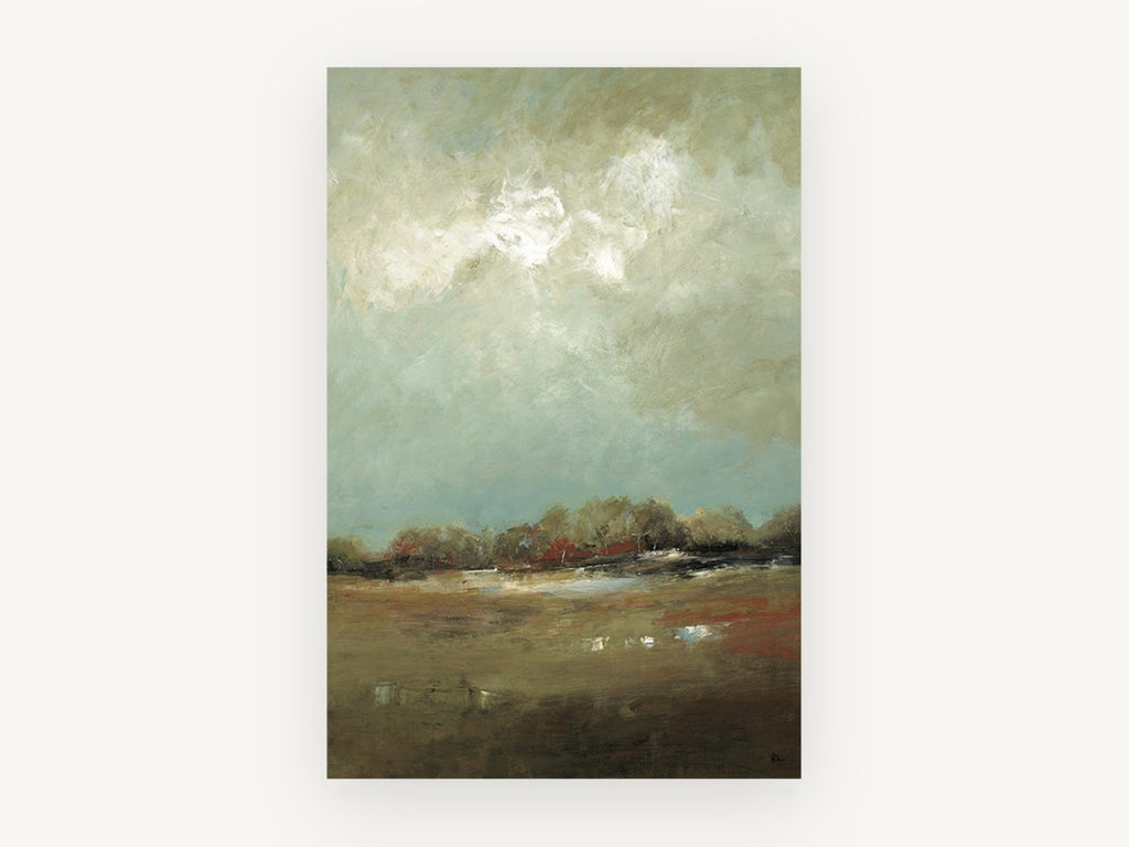 Rust Meadow Sky, abstract meadow landscape under cloudy sky, landscape canvas wall art print, front view