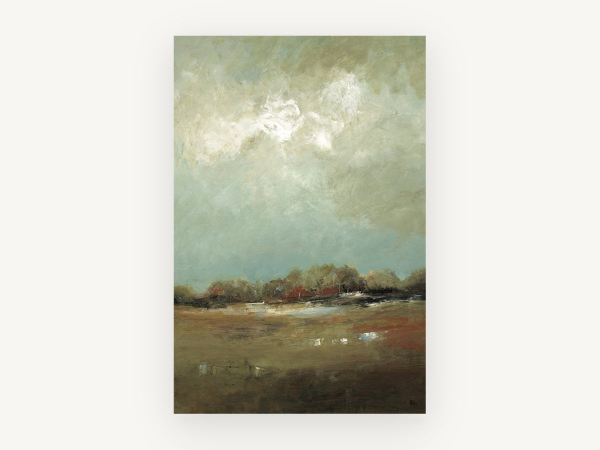 Rust Meadow Sky, abstract meadow landscape under cloudy sky, landscape canvas wall art print, front view