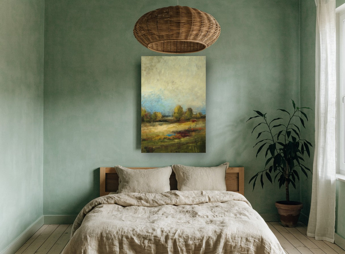 Meadow Under Pale Sky landscape canvas print on the wall of a bedroom