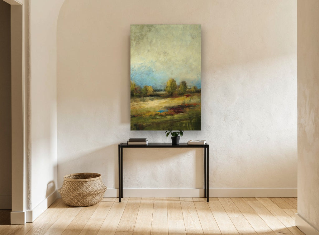 Meadow Under Pale Sky landscape canvas print on the wall of a hallway