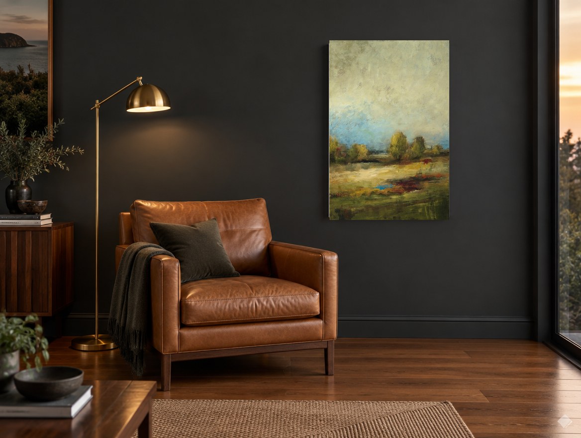 Meadow Under Pale Sky landscape canvas print on the wall of a charcoal living room