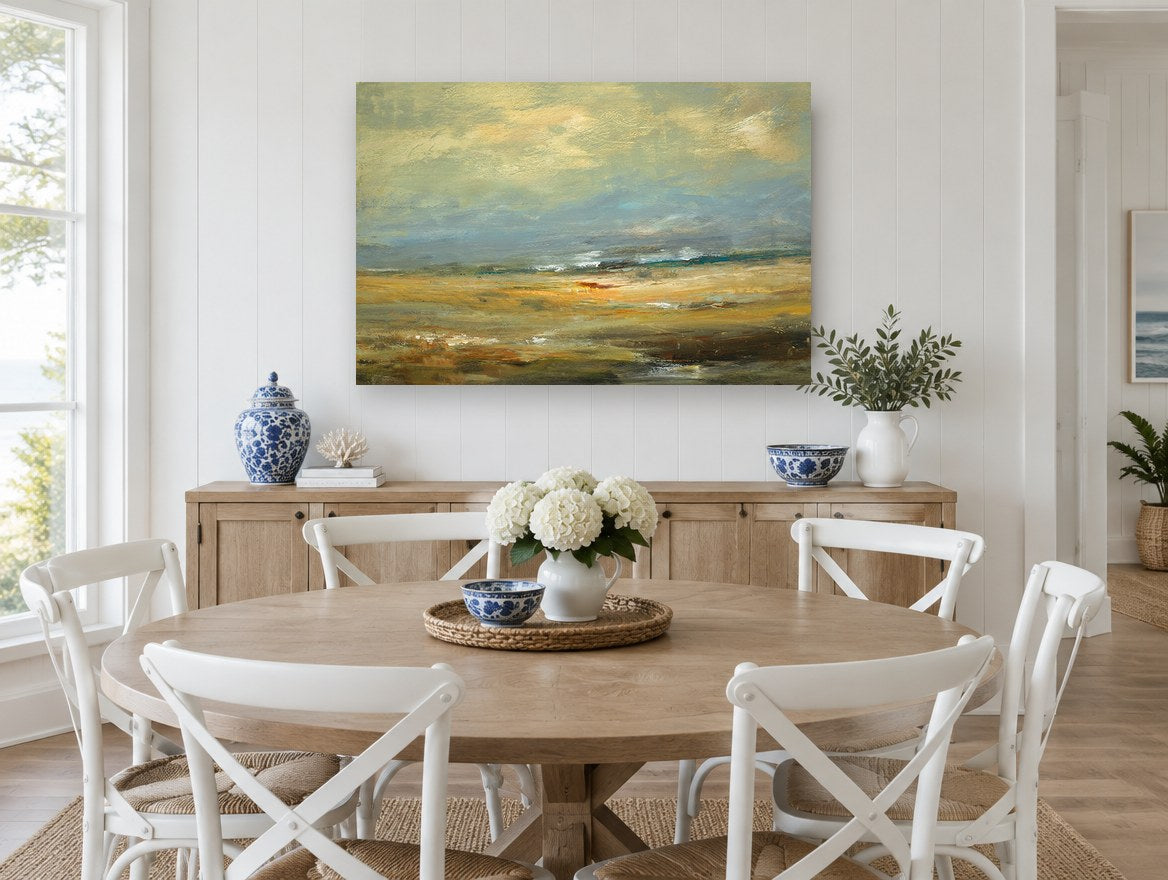 Amber Plain Horizon landscape canvas print on the wall of a Hamptons dining room