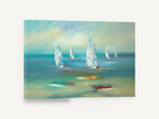 Sails on Teal Water, teal sailboats abstract seascape painting, coastal canvas wall art print ready to hang