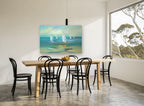 Sails on Teal Water coastal canvas print on the wall of a dining room