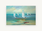 Sails on Teal Water, coastal canvas wall art print, front view