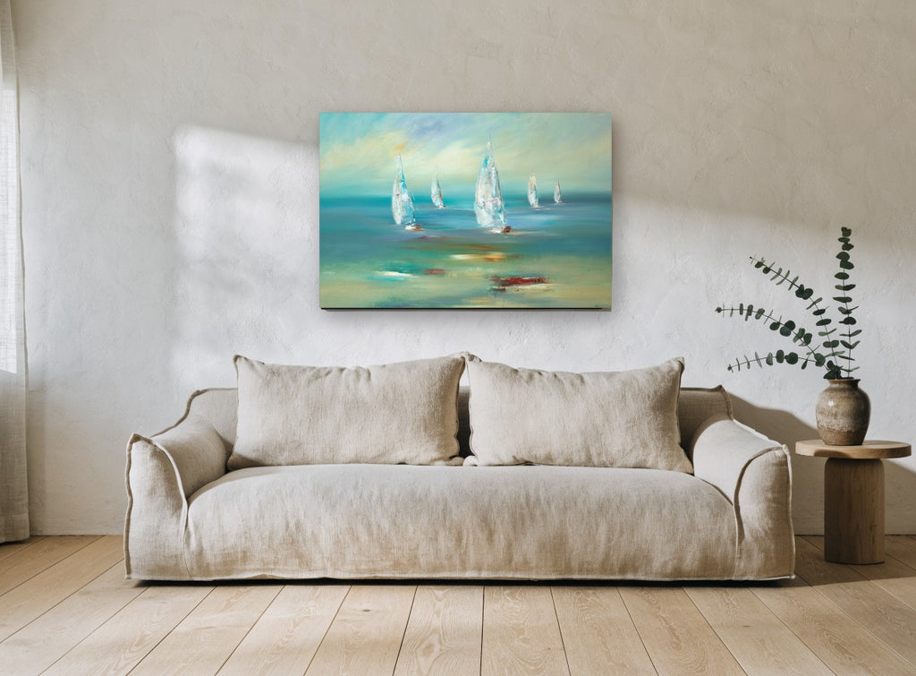 Sails on Teal Water coastal canvas print on the wall of a living room