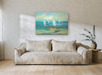 Sails on Teal Water coastal canvas print on the wall of a living room