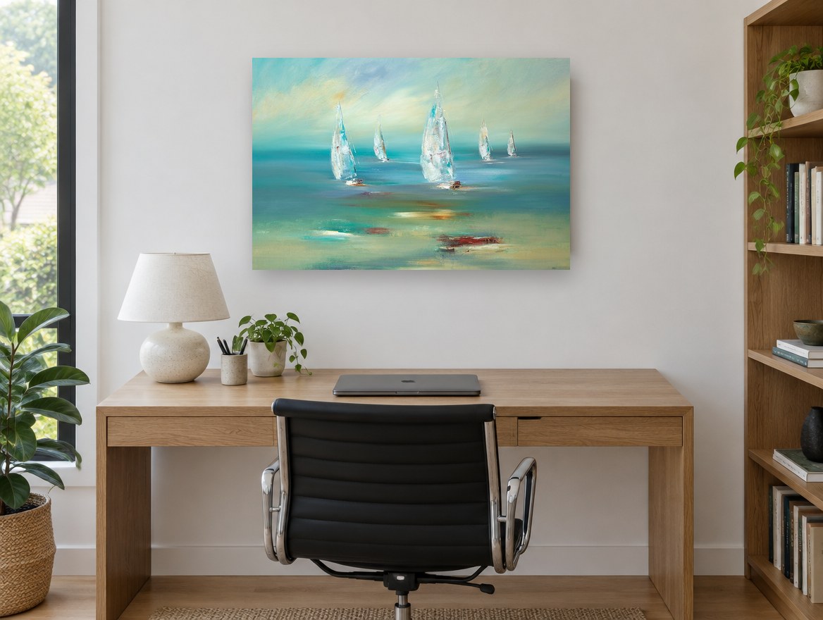 Sails on Teal Water coastal canvas print on the wall of a study