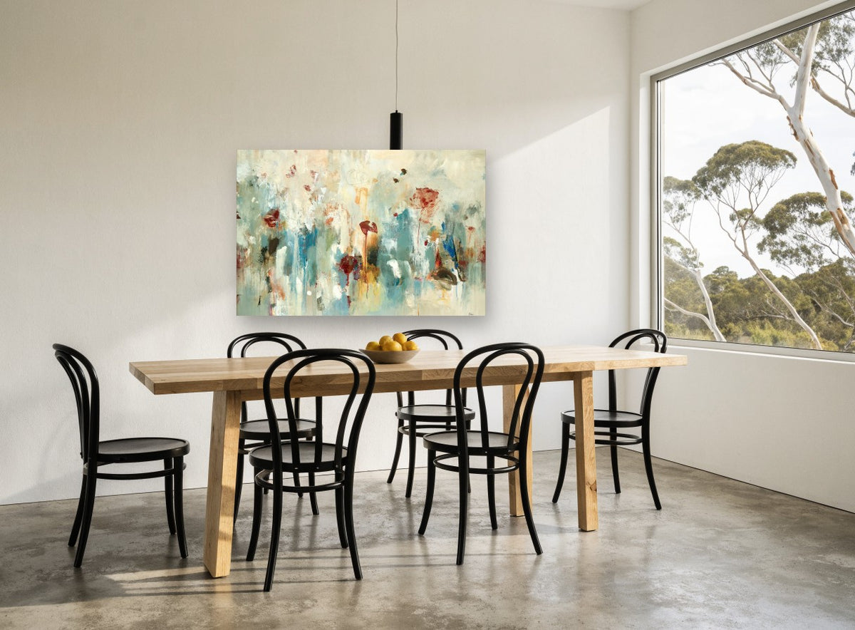 Poppies in the Mist floral canvas print on the wall of a dining room