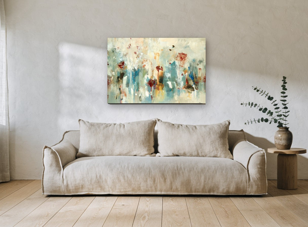 Poppies in the Mist floral canvas print on the wall of a living room
