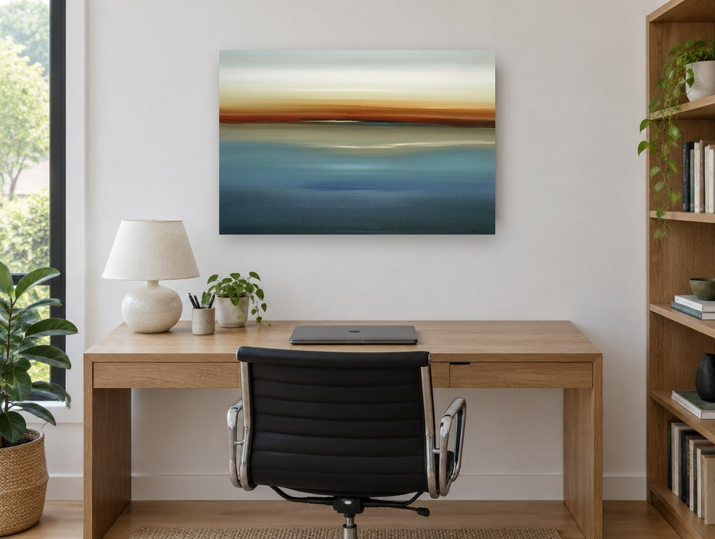 Blue Horizon Haze coastal canvas print on the wall of a study