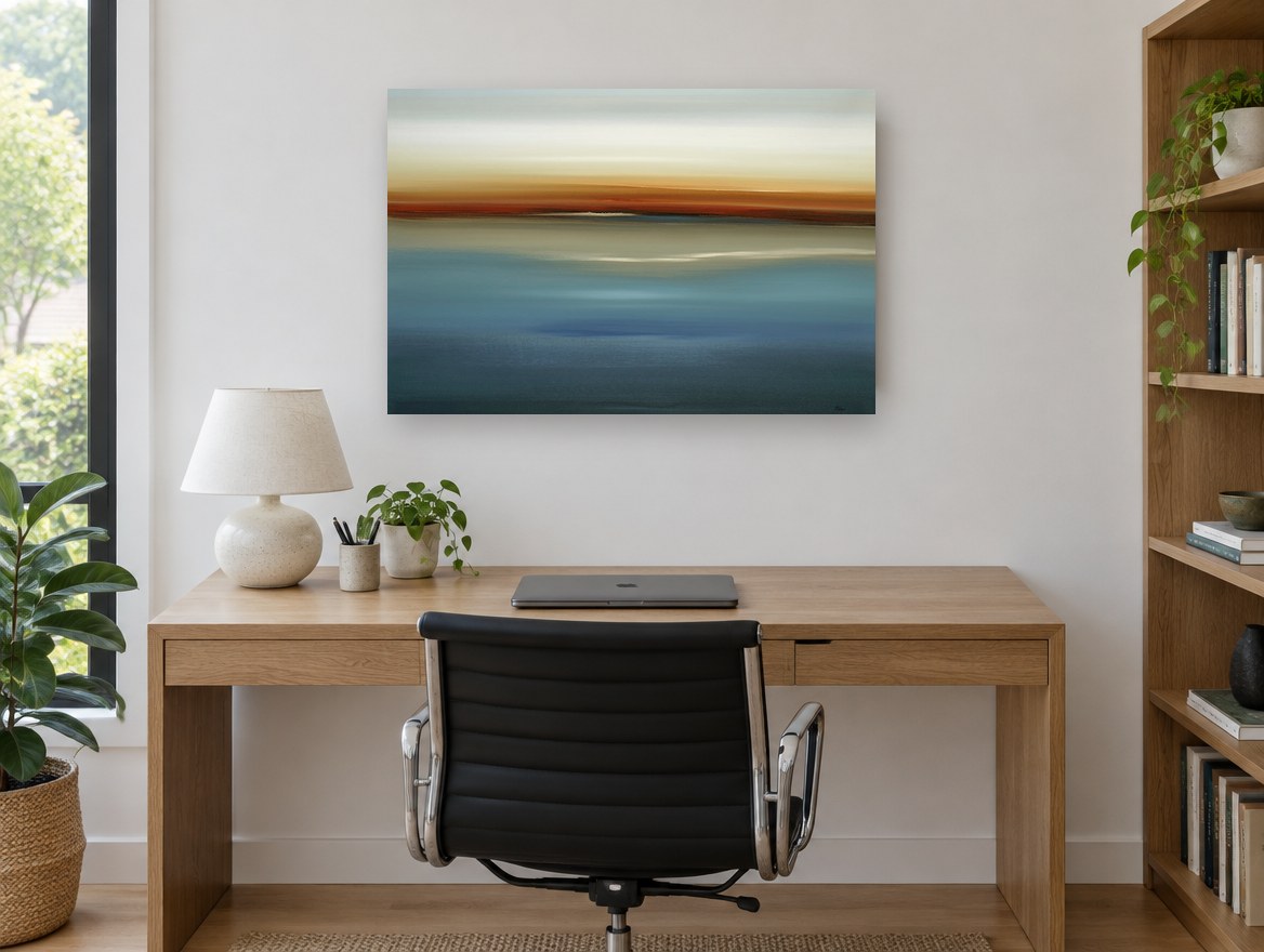 Blue Horizon Haze coastal canvas print on the wall of a study