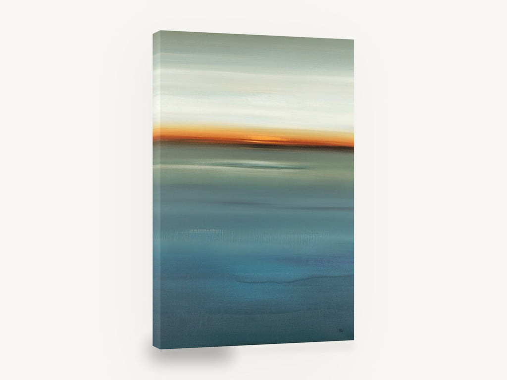 Blue Horizon Glow, abstract seascape orange horizon portrait, coastal canvas wall art print ready to hang