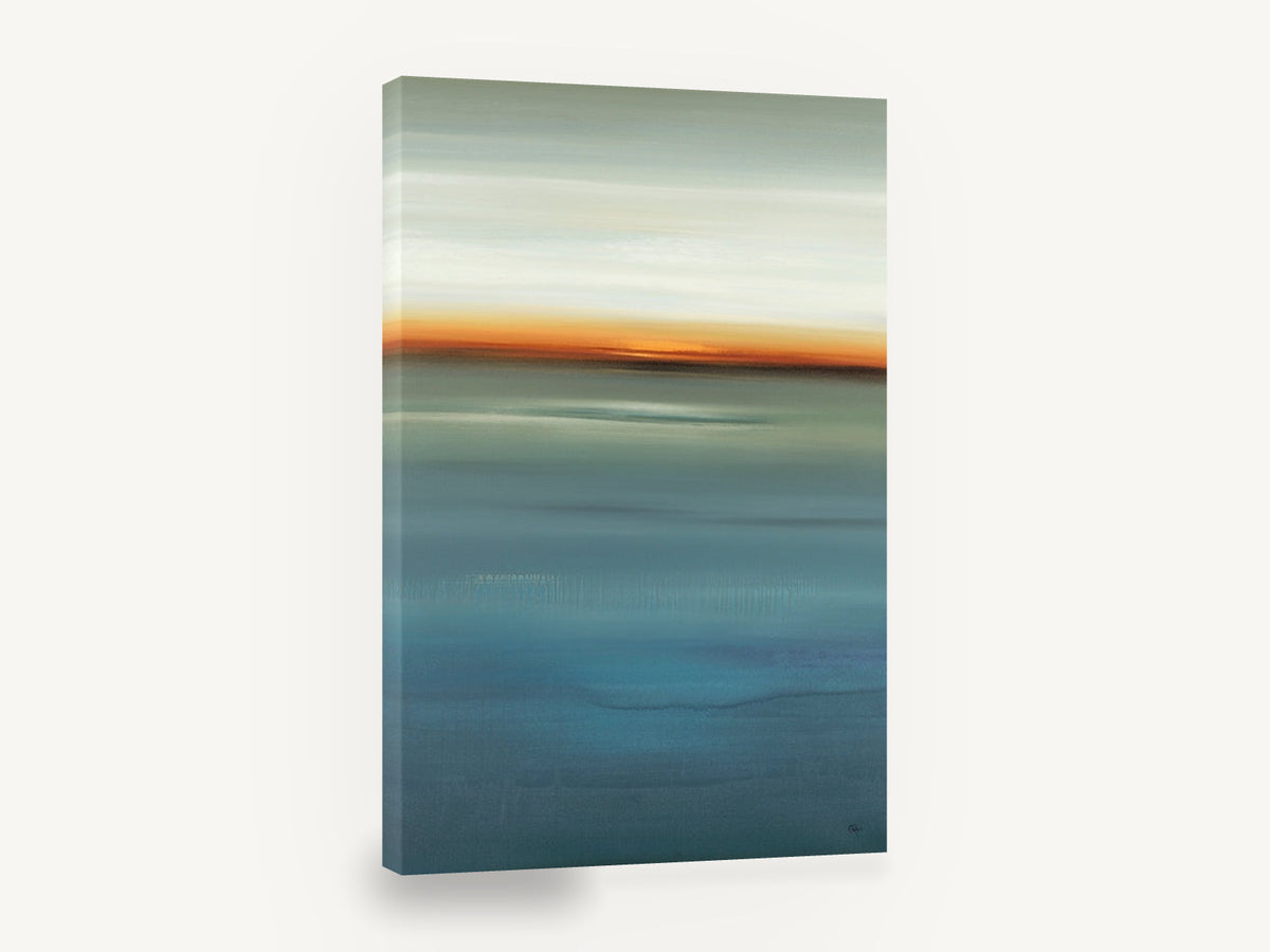 Blue Horizon Glow, abstract seascape orange horizon portrait, coastal canvas wall art print ready to hang