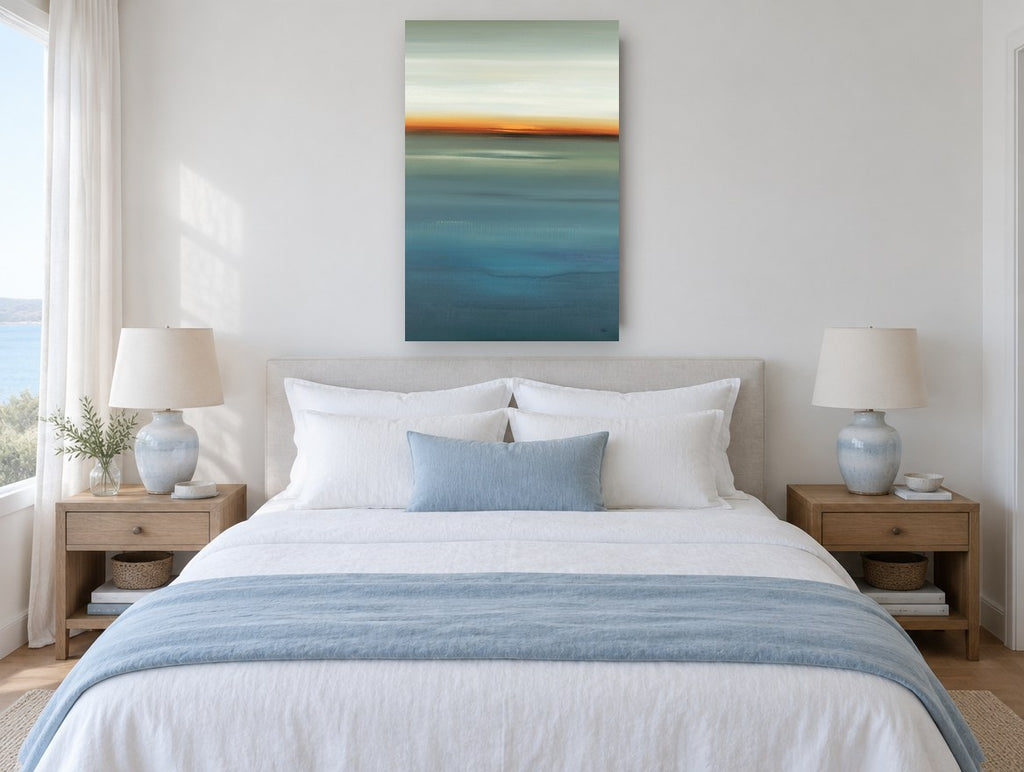 Blue Horizon Glow coastal canvas print on the wall of a coastal bedroom