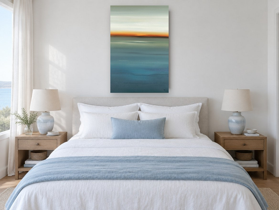 Blue Horizon Glow coastal canvas print on the wall of a coastal bedroom