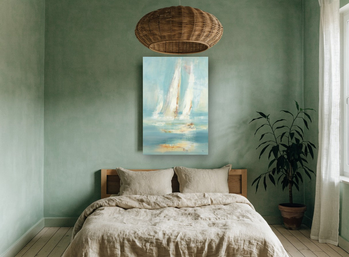 Sails in Soft Haze coastal canvas print on the wall of a bedroom