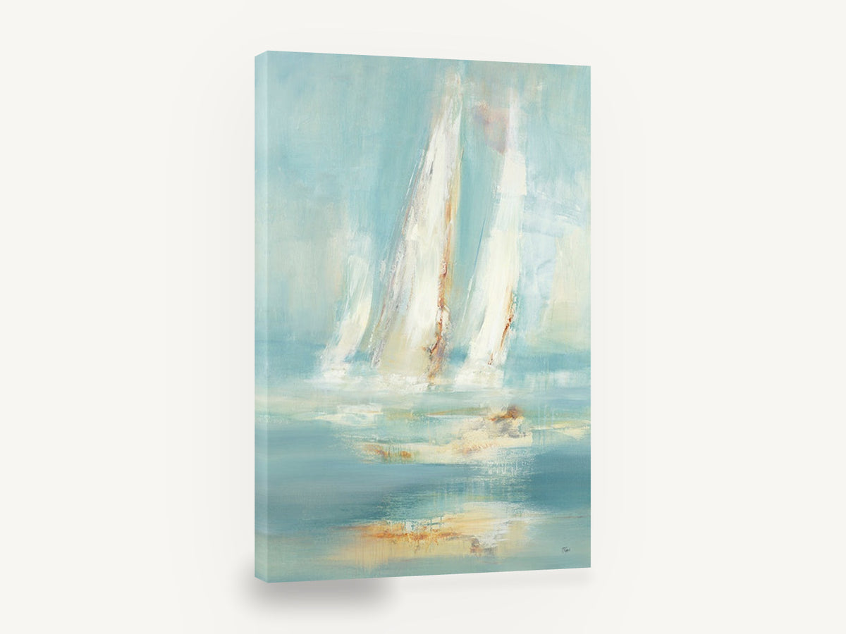 Sails in Soft Haze, abstract sailboats seascape painting style, coastal canvas wall art print ready to hang
