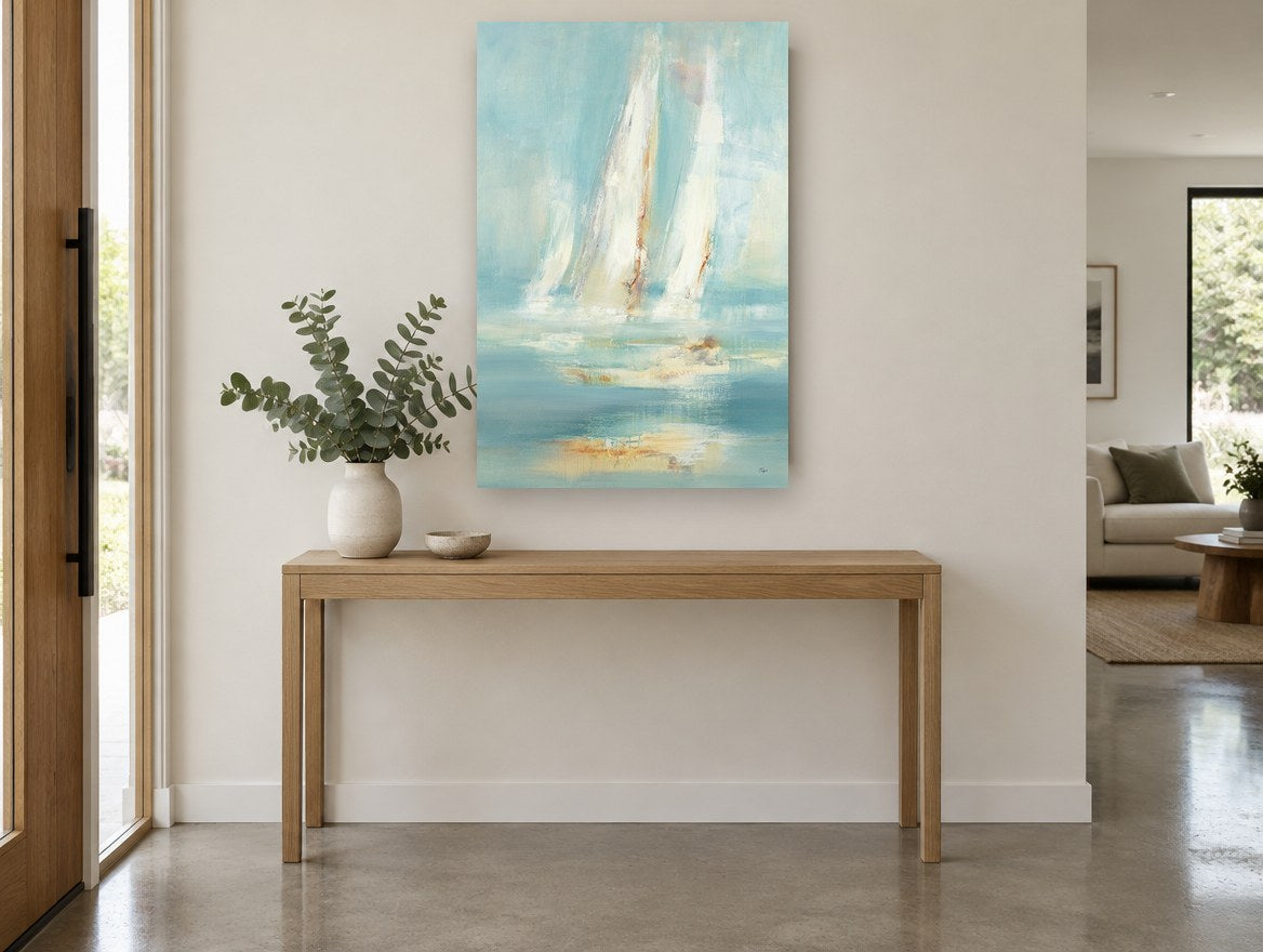 Sails in Soft Haze coastal canvas print on the wall of a entry hall