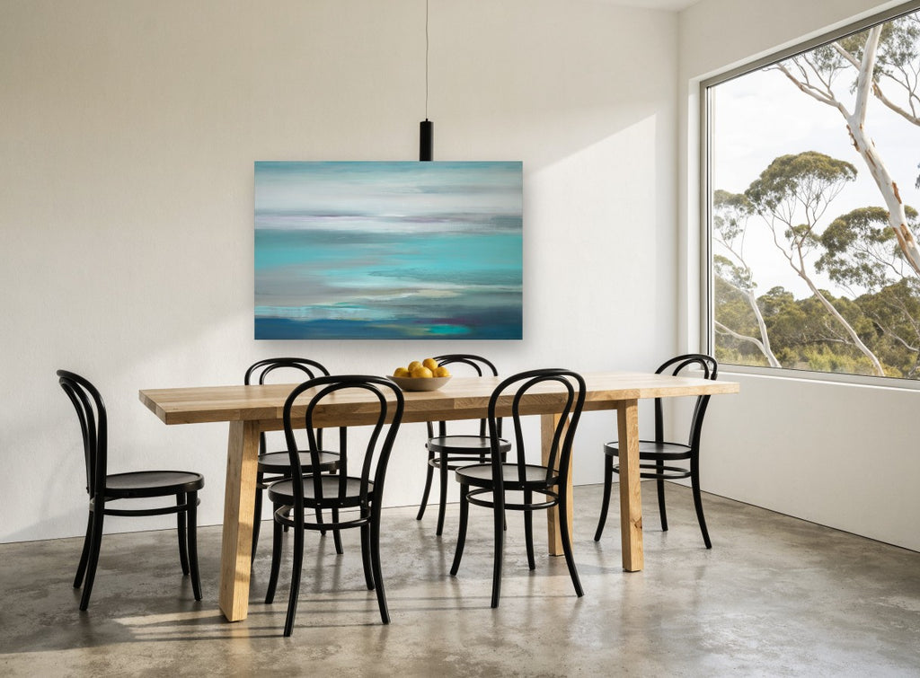 Turquoise Tide Haze coastal canvas print on the wall of a dining room